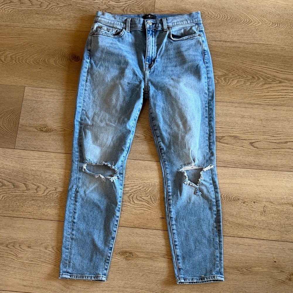 7 For All Mankind Light Blue High-Rise Distressed Jeans